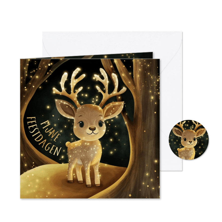 Kerstkaart hert in bos met sprankelende vuurvliegjes - Kaartimpressie