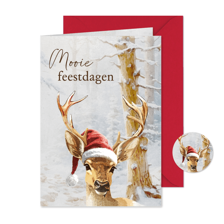 Kerstkaart hert in een besneeuwd bos - Kaartimpressie