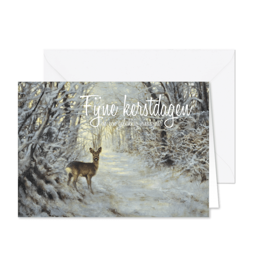 Kerstkaart hert in het winterbos - Kaartimpressie