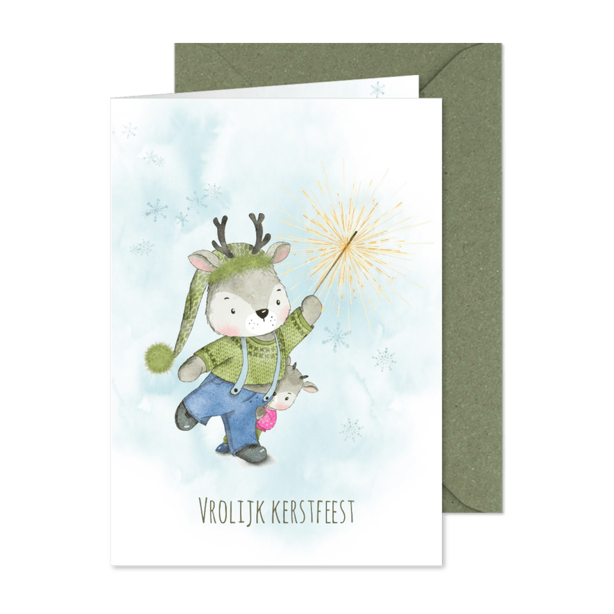 Kerstkaart hert, klein hertje en vuurwerk - Kaartimpressie
