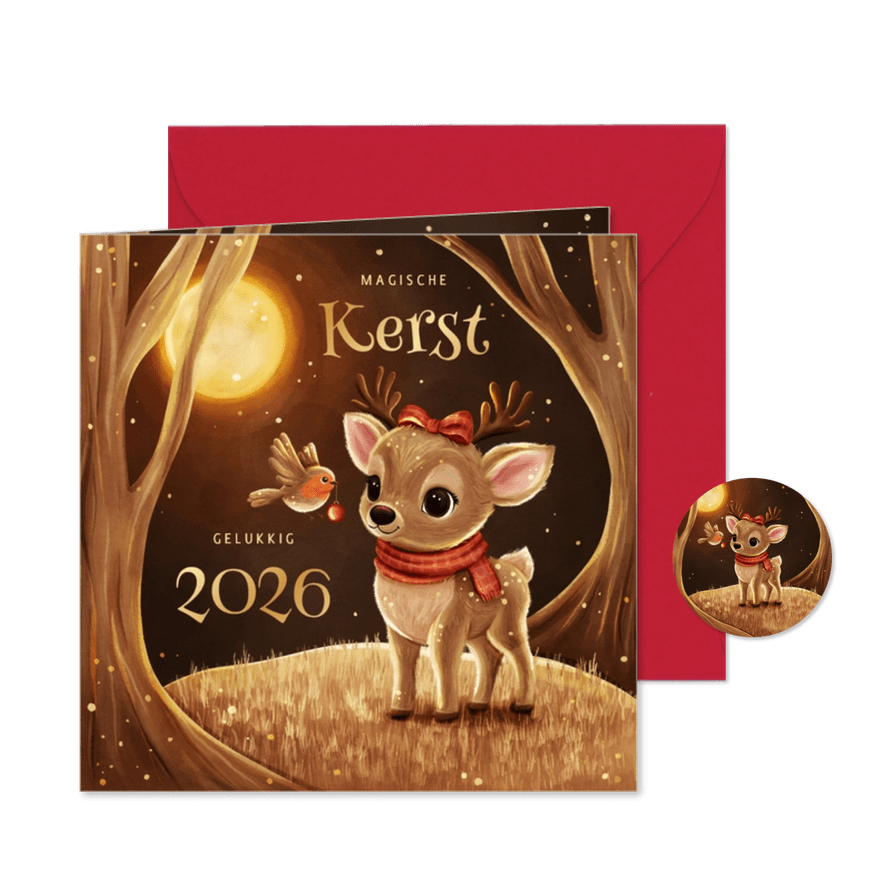 Kerstkaart hert met roodborstje in sprankelend bos - Kaartimpressie