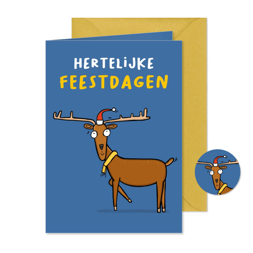 Kerstkaart 'Hertelijke feestdagen' grappig hert - Kaartimpressie