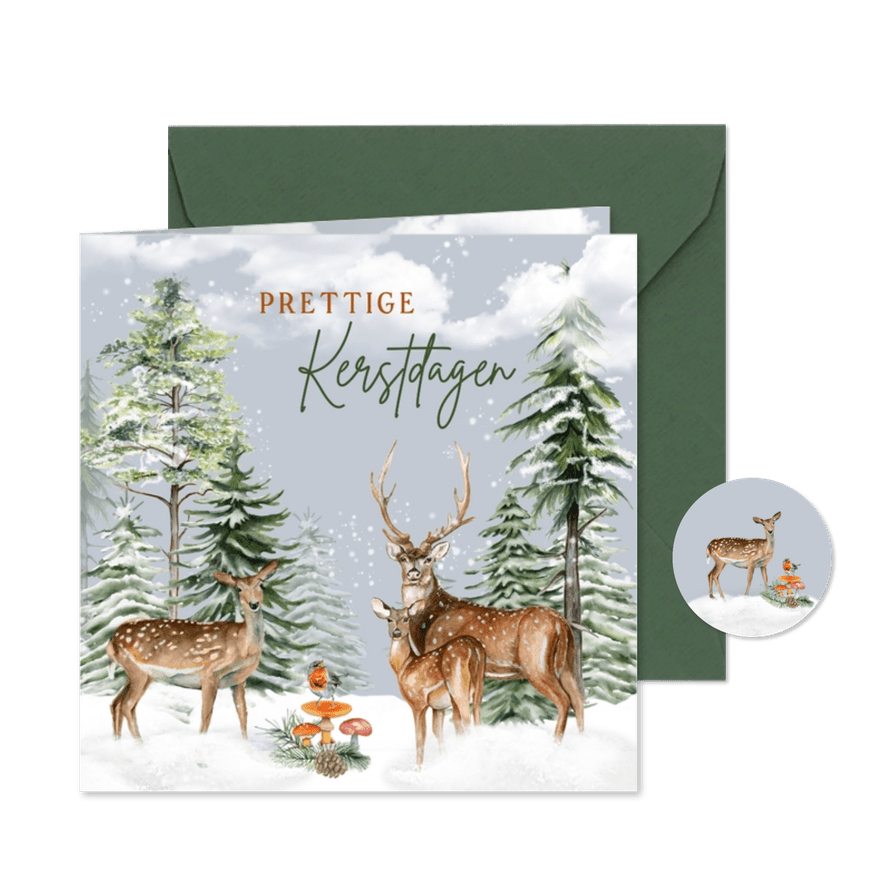 Kerstkaart herten en roodborstje in bos - Kaartimpressie