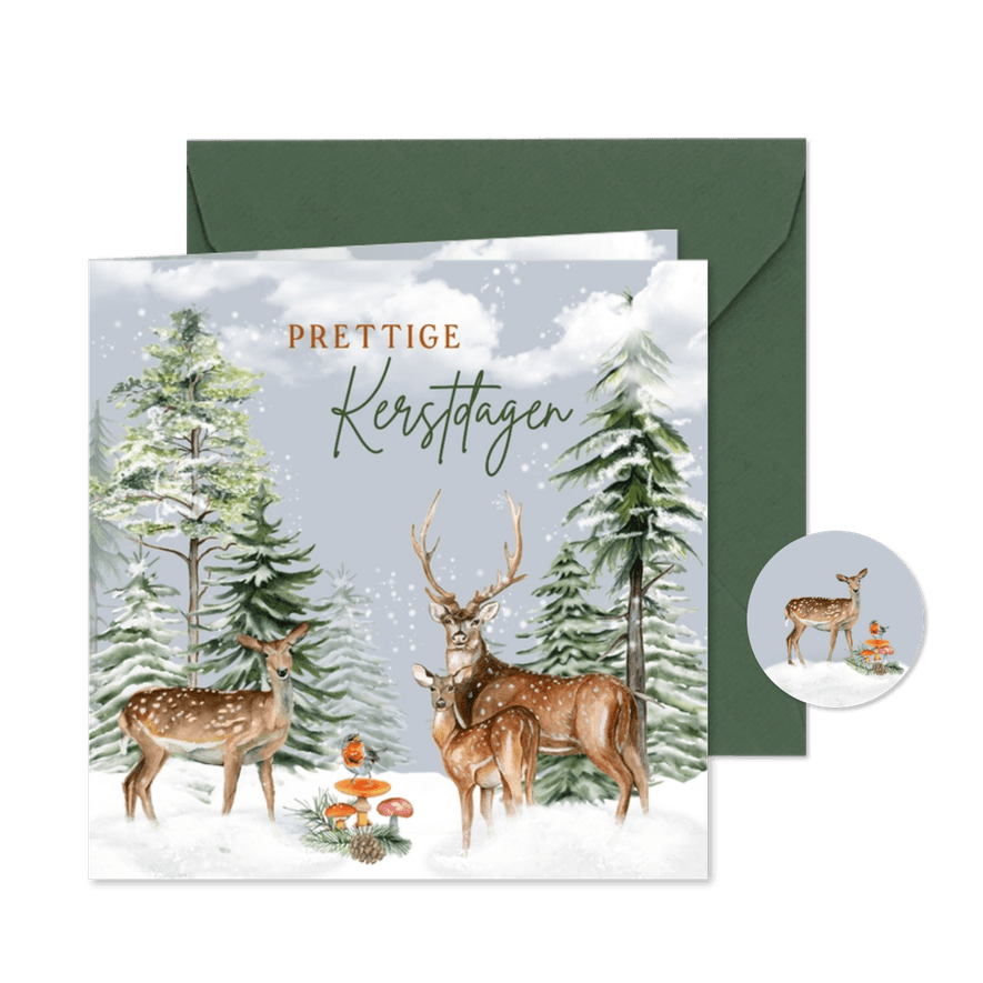 Kerstkaart herten en roodborstje in bos - Kaartimpressie