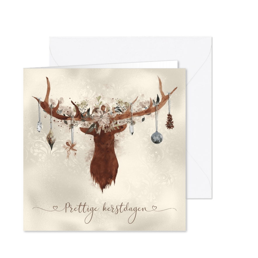 Kerstkaart hertengewei met versiering - Kaartimpressie