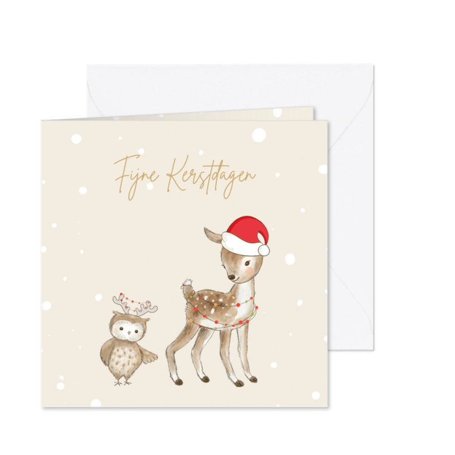 Kerstkaart - Hertje en uil met kerstmuts en lampjes - Kaartimpressie