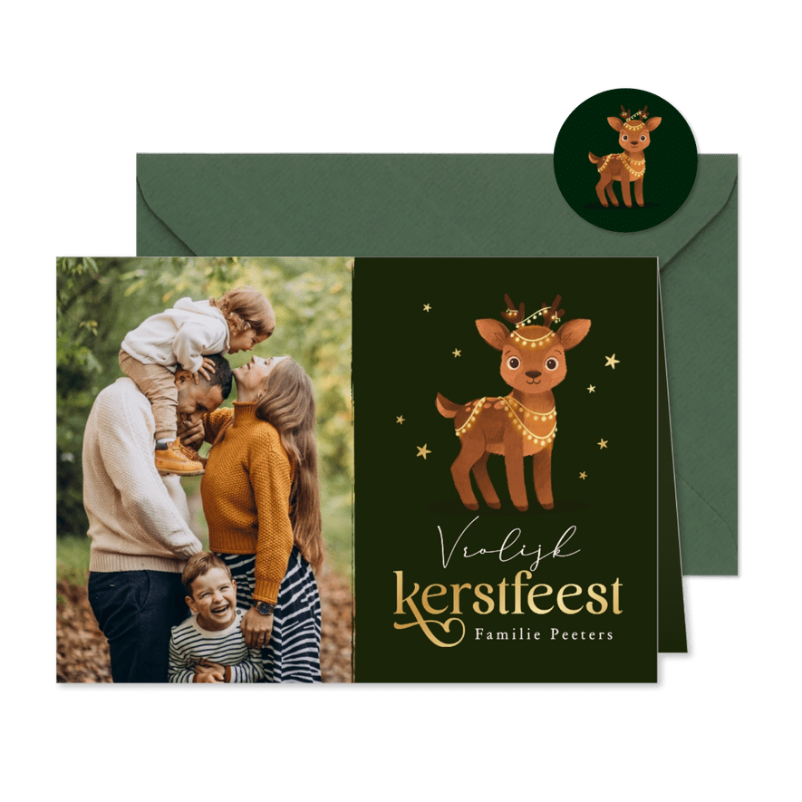 Kerstkaart hertje kerstlampjes sterren foto dieren vrolijk - Kaartimpressie