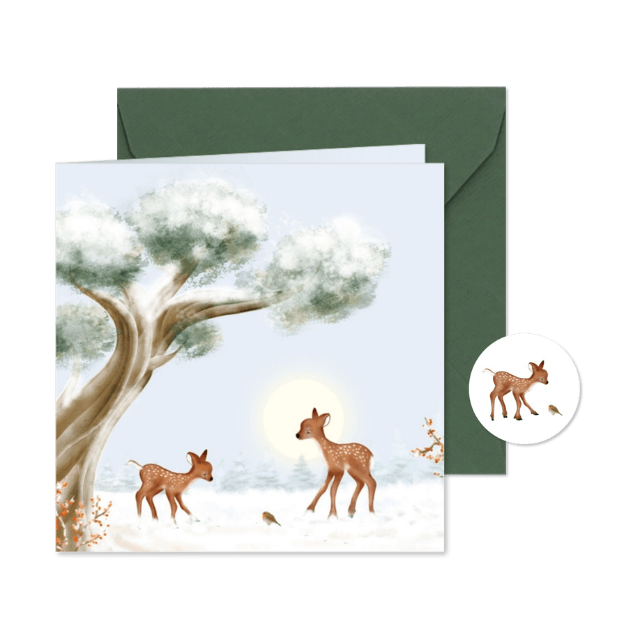 Kerstkaart hertjes en roodborst in de sneeuw - Kaartimpressie