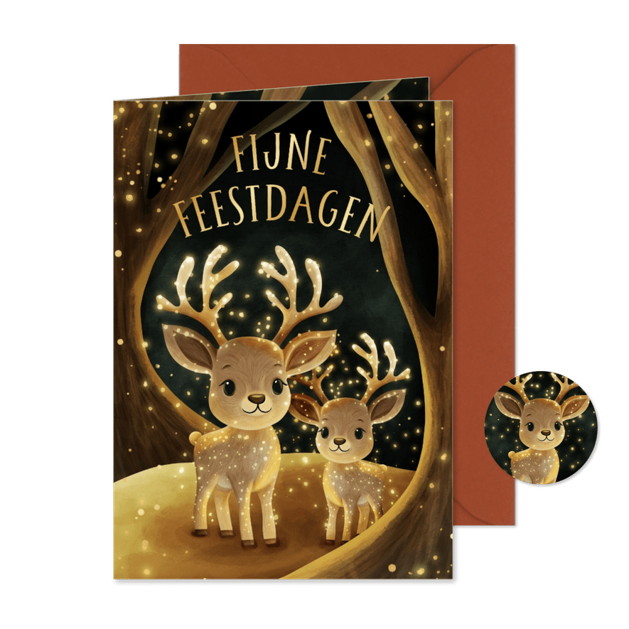 Kerstkaart hertjes in bos met sprankelende vuurvliegjes - Kaartimpressie