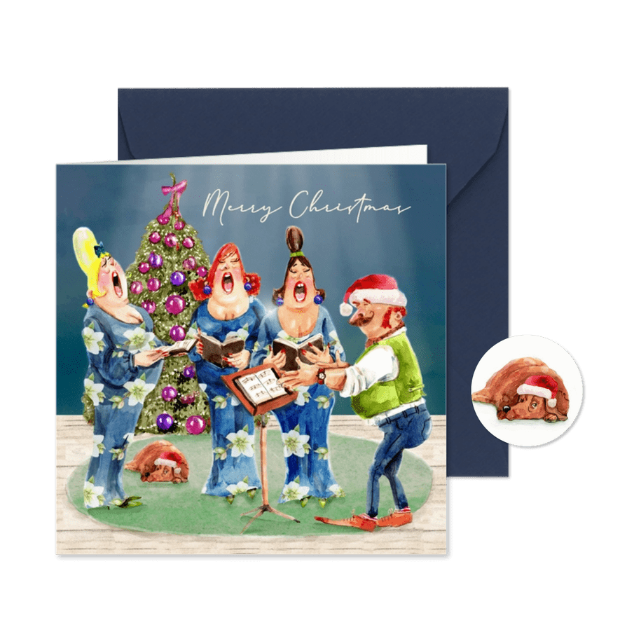 Kerstkaart het dames kerstkoor met dirigent - Kaartimpressie