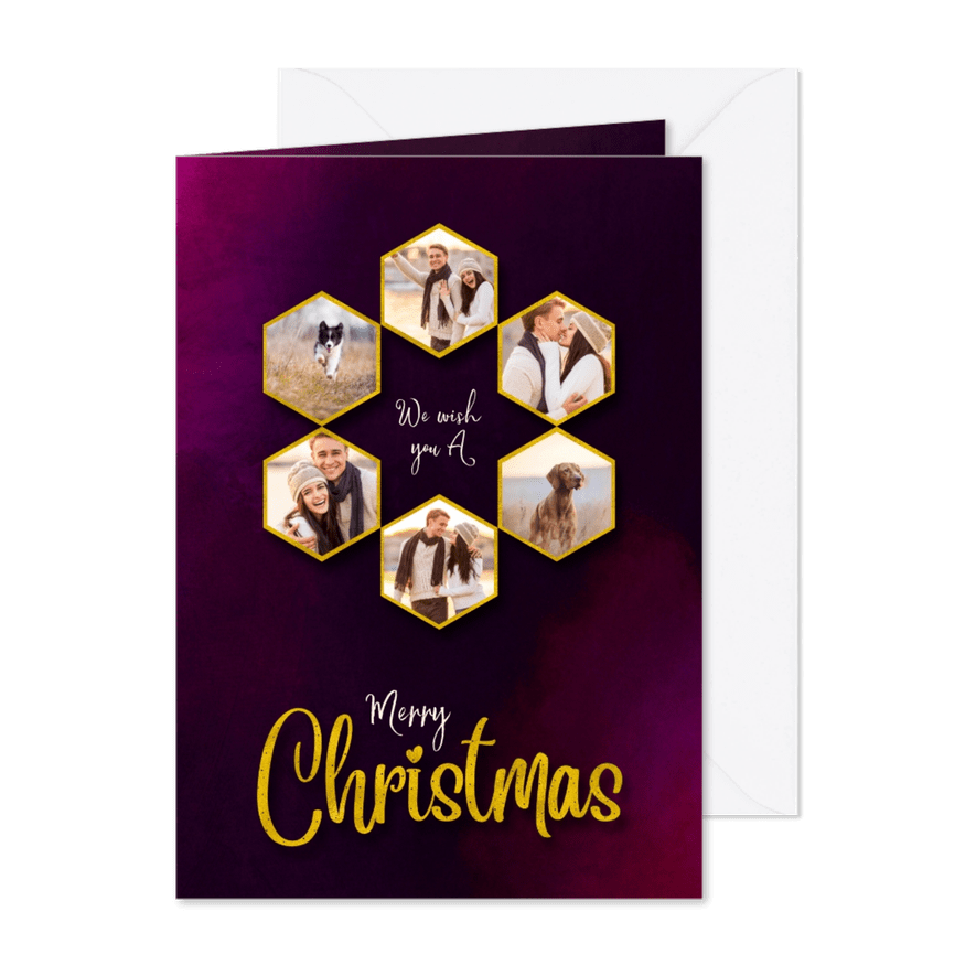 Kerstkaart hexagon gouden fotocollage op warm cherry - Kaartimpressie