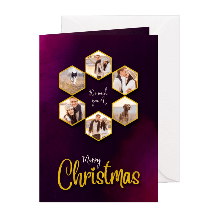 Kerstkaart hexagon gouden fotocollage op warm cherry - Kaartimpressie