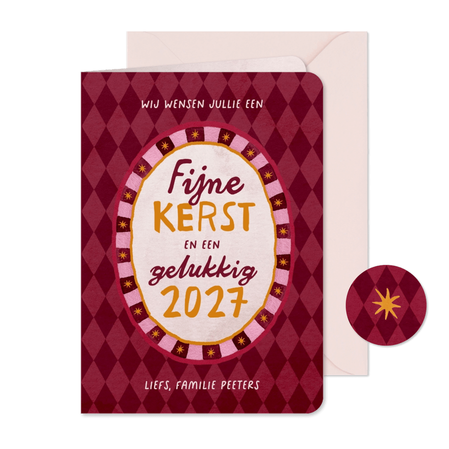 Kerstkaart hip frame ruitjes sterretjes fijne kerst 2027 - Kaartimpressie