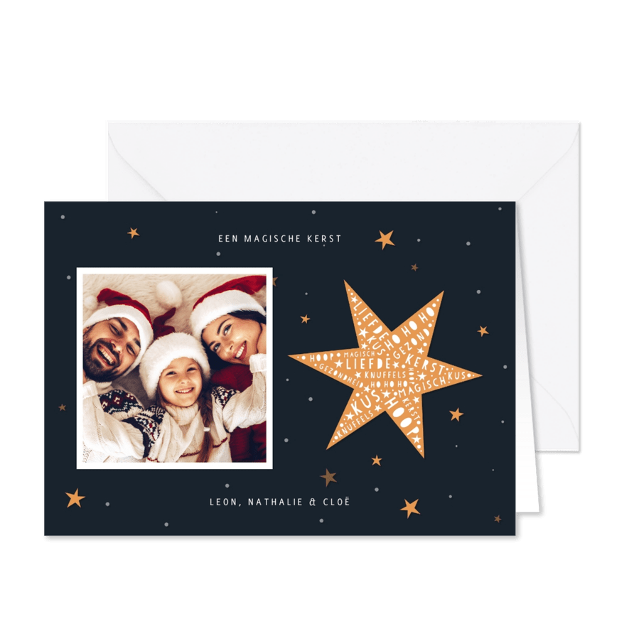 Kerstkaart hip met foto en ster met woorden - Kaartimpressie