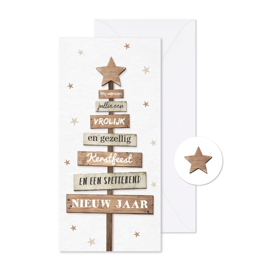 Kerstkaart hip met houten kerstboom en kerstwens - Kaartimpressie