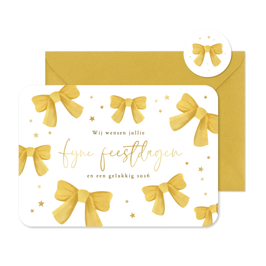 Kerstkaart hip strikjes sterren fijne feestdagen goud - Kaartimpressie
