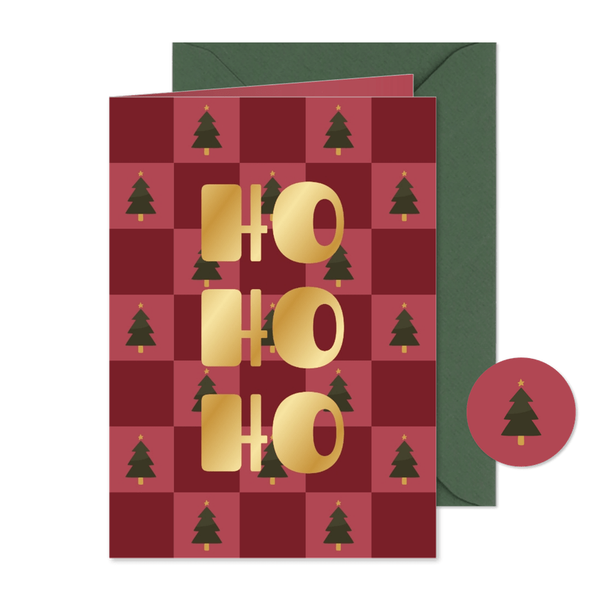Kerstkaart ho ho ho blokjespatroon met kerstbomen - Kaartimpressie