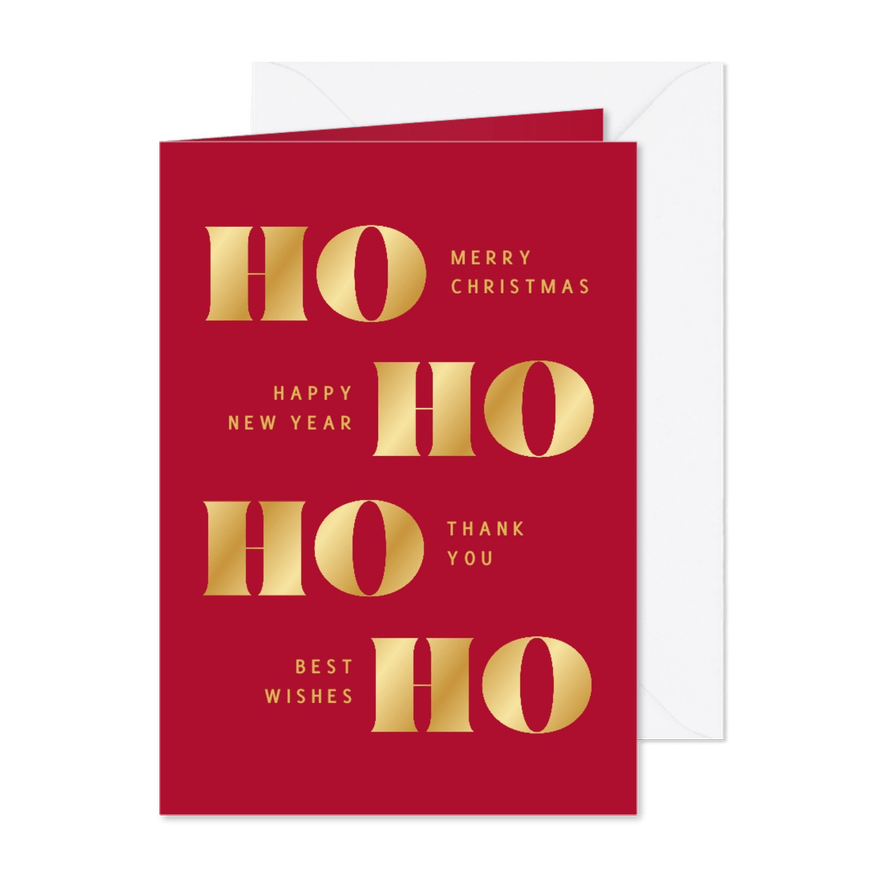 Kerstkaart HO HO HO in goudlook en rood - Kaartimpressie