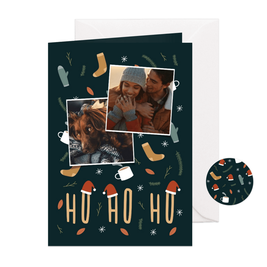 Kerstkaart ho ho ho met foto en leuke illustraties - Kaartimpressie