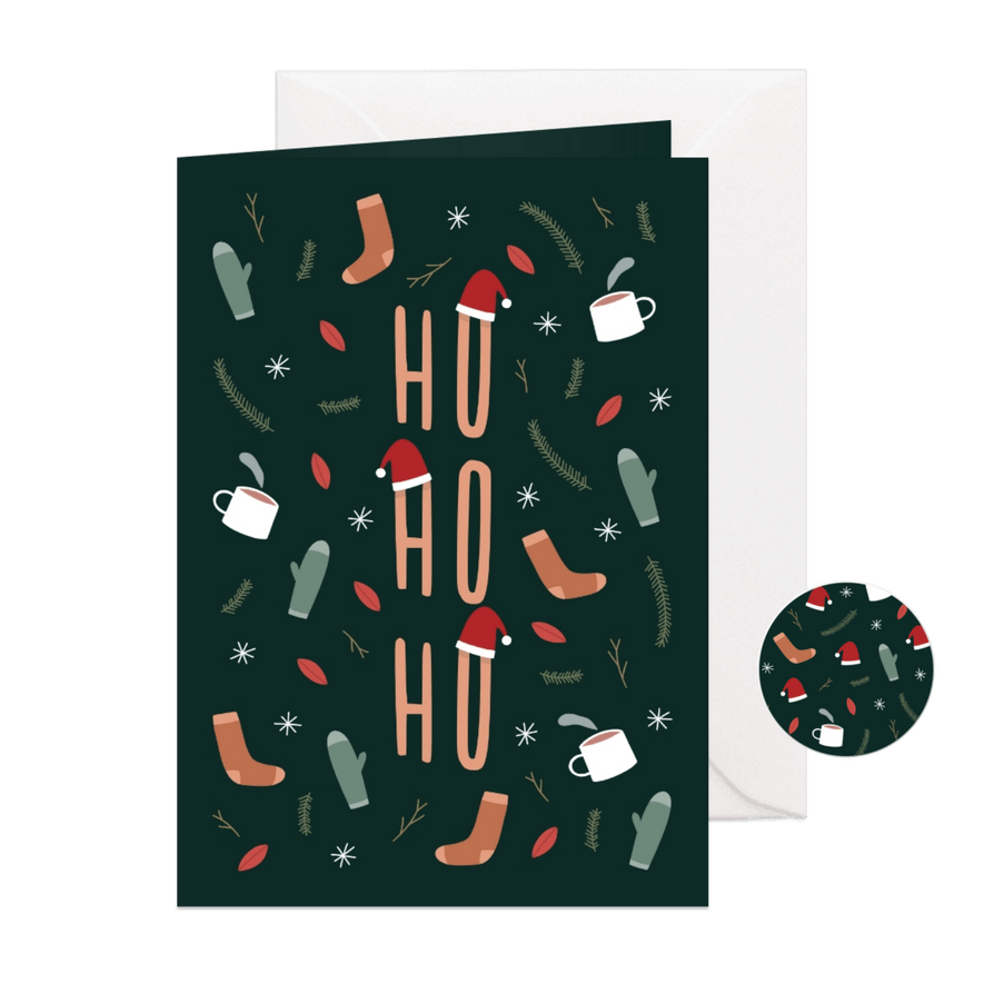 Kerstkaart ho ho ho met leuke illustraties - Kaartimpressie