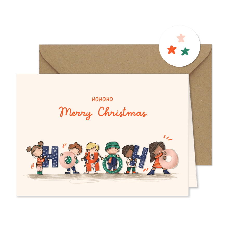 Kerstkaart Hohoho met vrolijke kinderen - Kaartimpressie