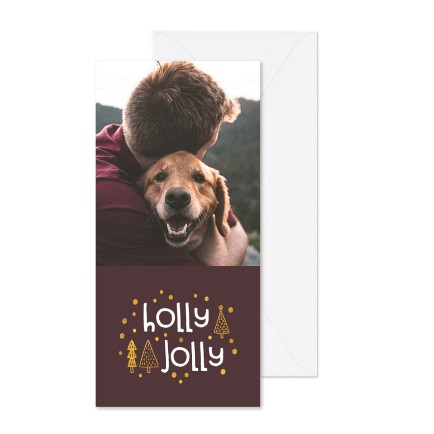Kerstkaart holly jolly goudlook met foto - Kaartimpressie