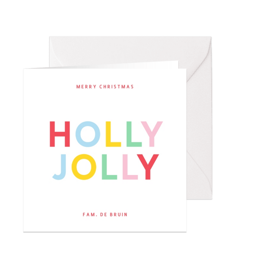 Kerstkaart holly jolly met regenboog typografie - Kaartimpressie