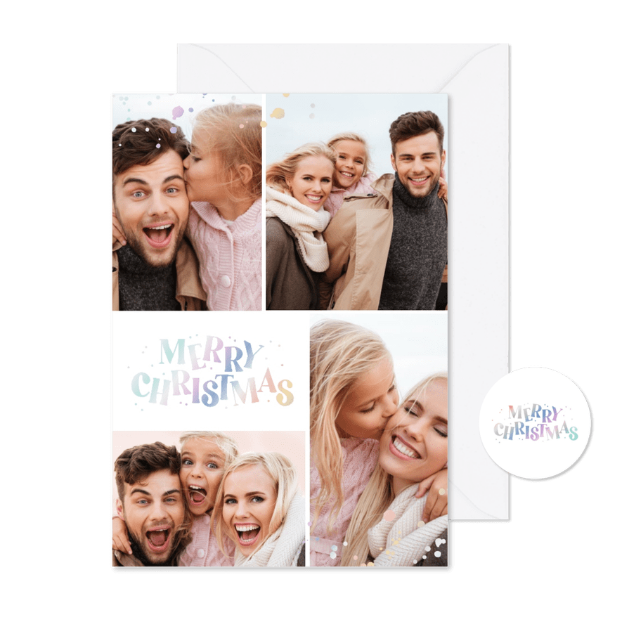 Kerstkaart holografisch merry christmas fotocollage - Kaartimpressie