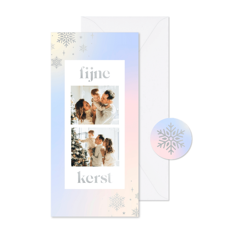 Kerstkaart holografisch met zilver en sterren langwerpig - Kaartimpressie