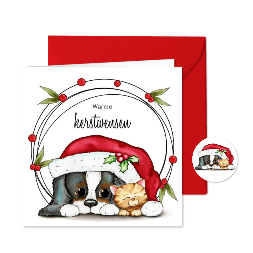 Kerstkaart hond en kat  - Kaartimpressie