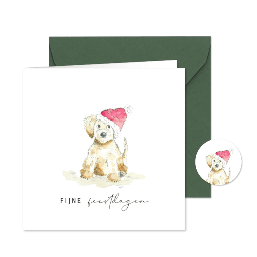 Kerstkaart - Hond met kerstmuts - Kaartimpressie