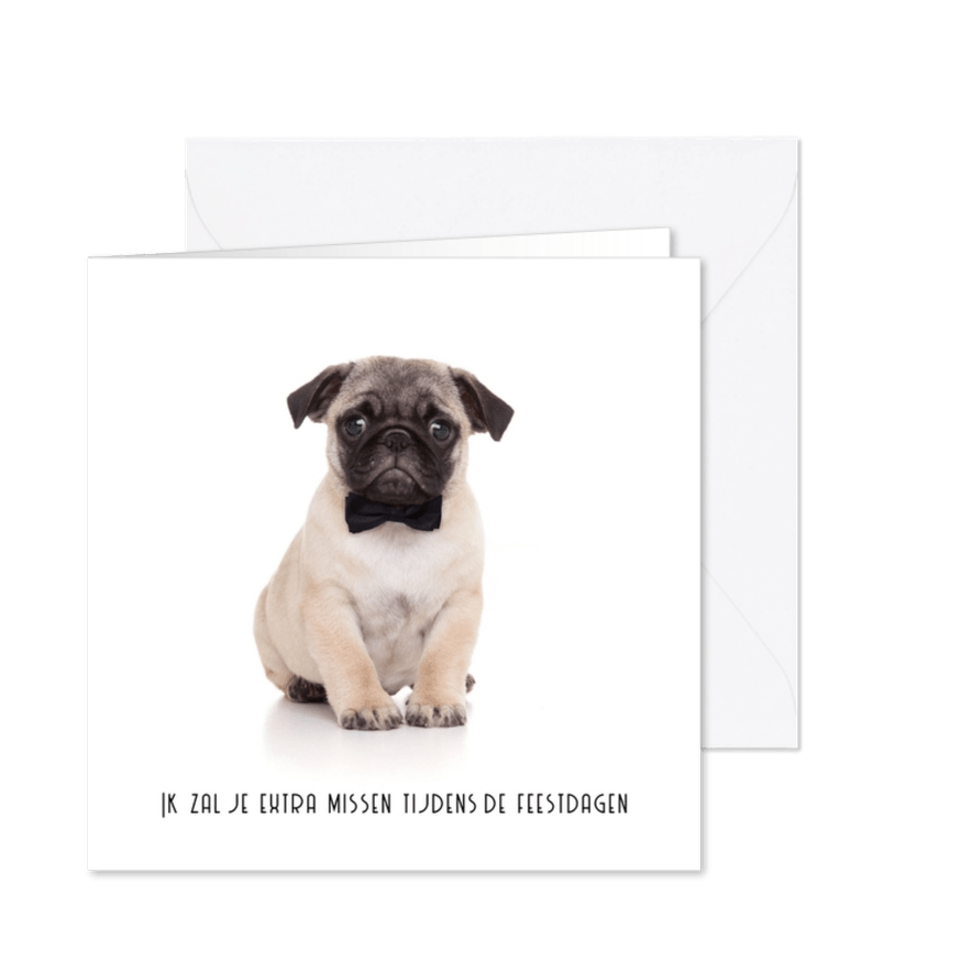 Kerstkaart hond mopshond met strikje - Kaartimpressie