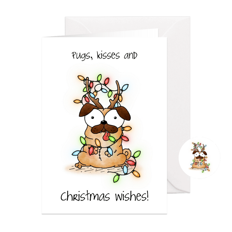 Kerstkaart hond - Pugs, kisses and Christmas wishes! - Kaartimpressie