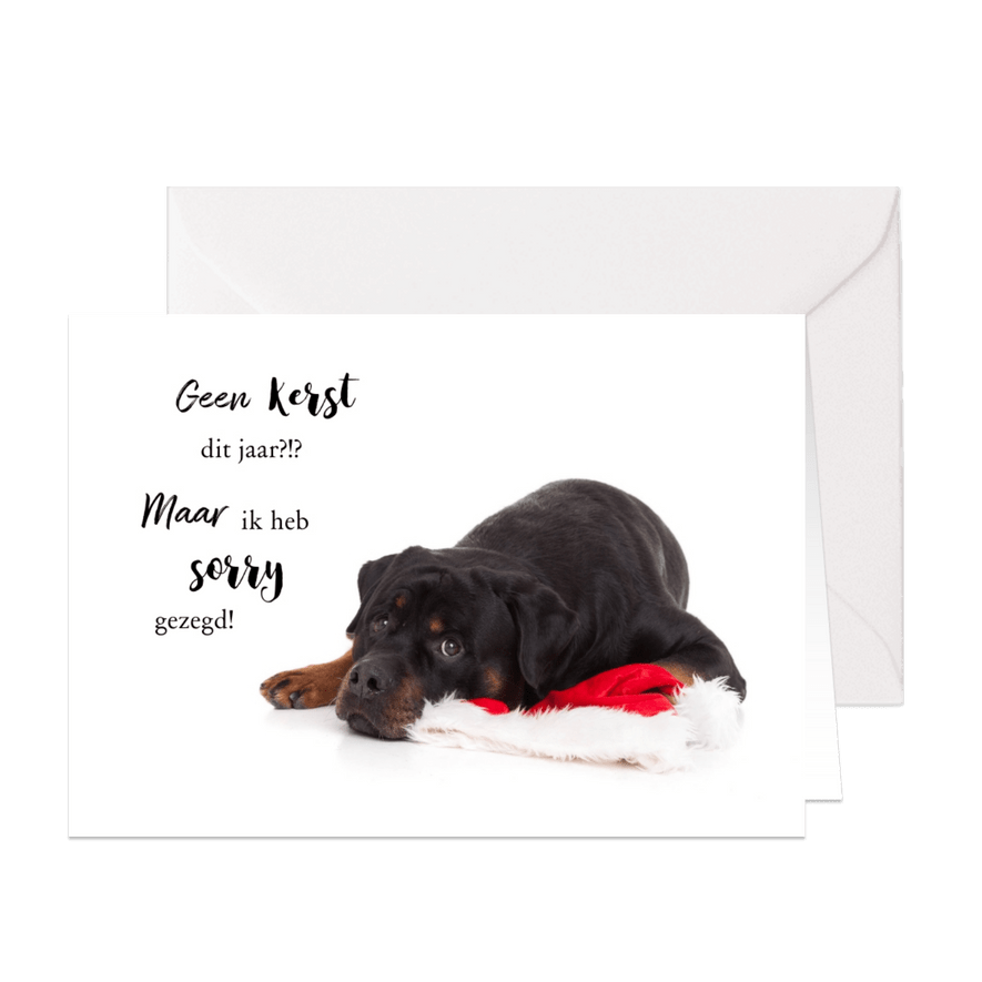 Kerstkaart hond Rottweiler met kerstmuts van de kerstman - Kaartimpressie