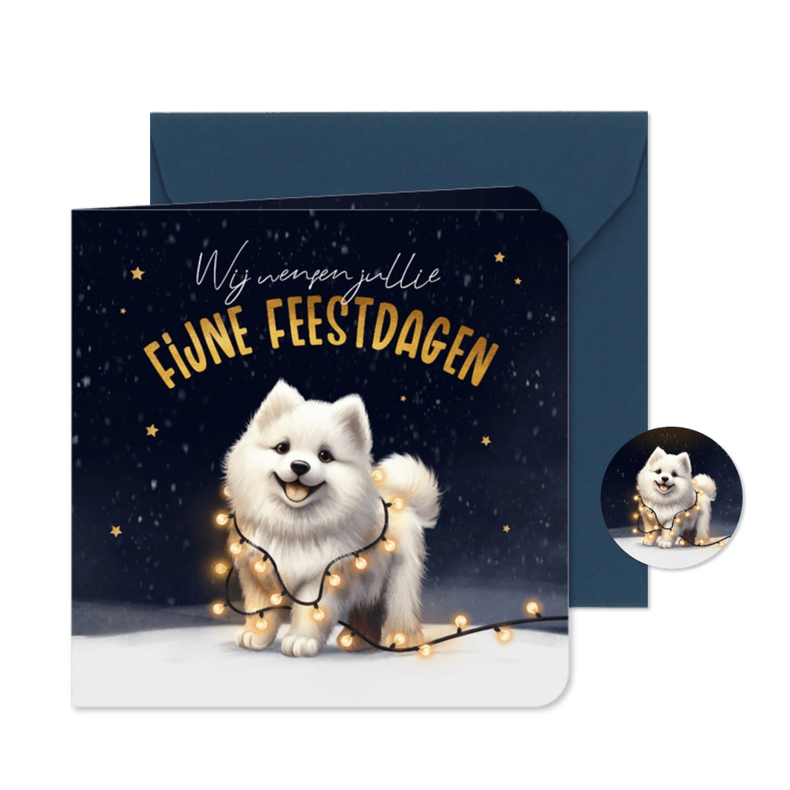 Kerstkaart hond Samojeed puppy winter lampjes feestdagen - Kaartimpressie