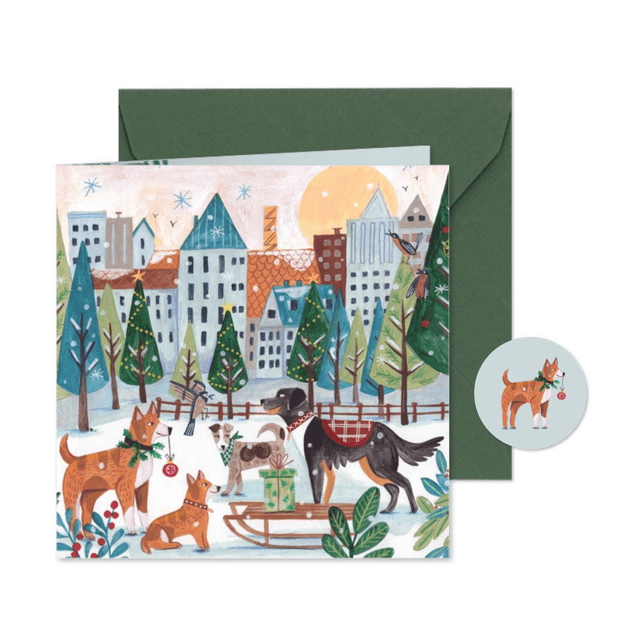 Kerstkaart honden in het park met kerstmis - Kaartimpressie