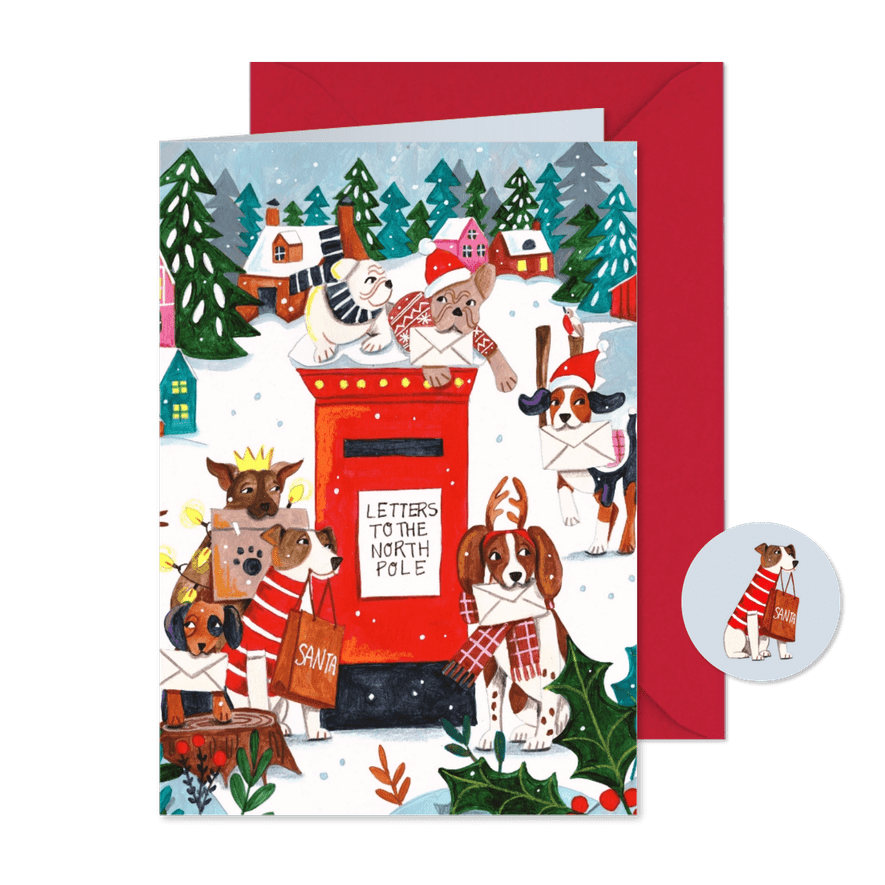 Kerstkaart honden kerstpost in kerstdorp - Kaartimpressie