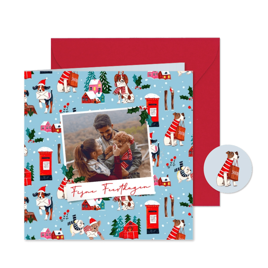 Kerstkaart honden met kersthuisjes en sneeuwvlokken - Kaartimpressie