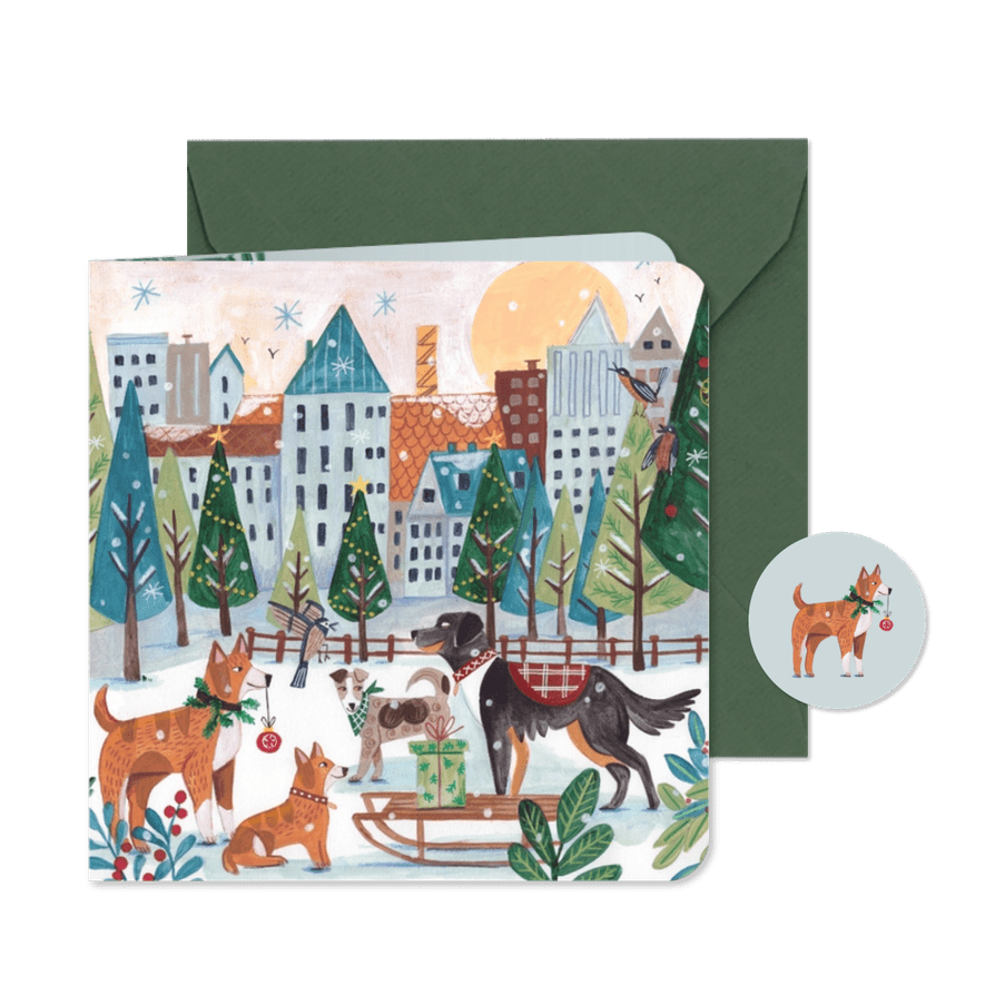 Kerstkaart honden sneeuw stad kerst illustratie - Kaartimpressie