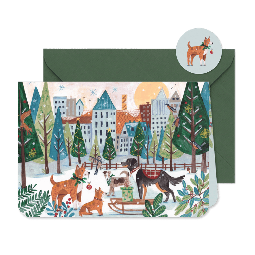 Kerstkaart honden winter stad illustratie - Kaartimpressie