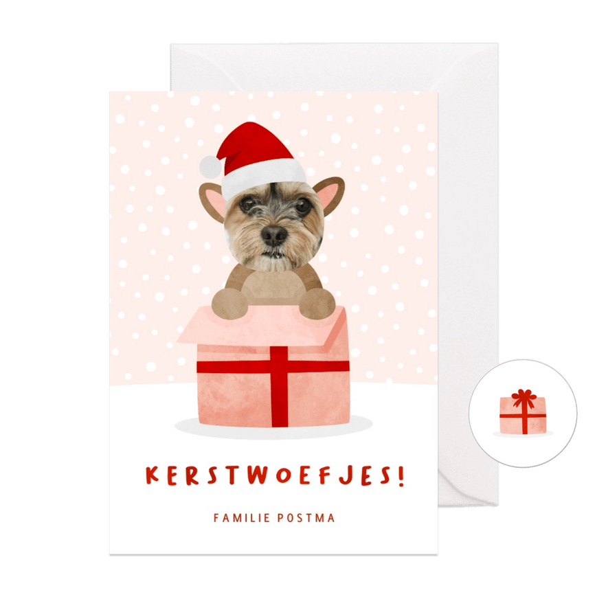 Kerstkaart hondje uit cadeau met eigen foto - Kaartimpressie