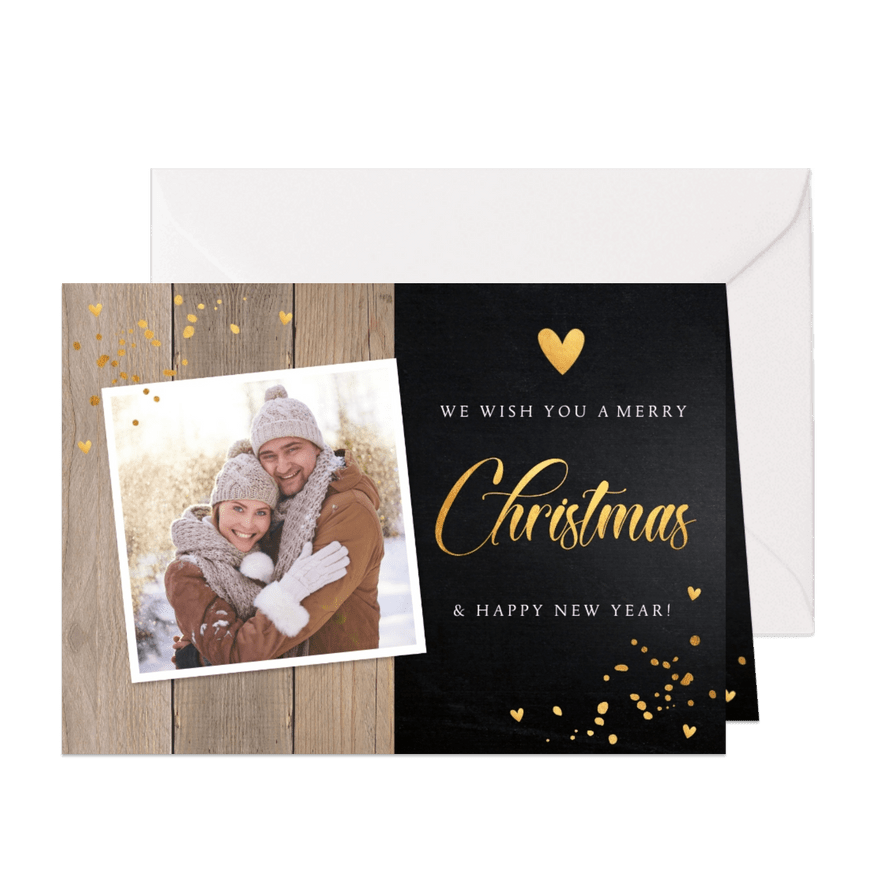 Kerstkaart hout donker confetti goudlook foto - Kaartimpressie