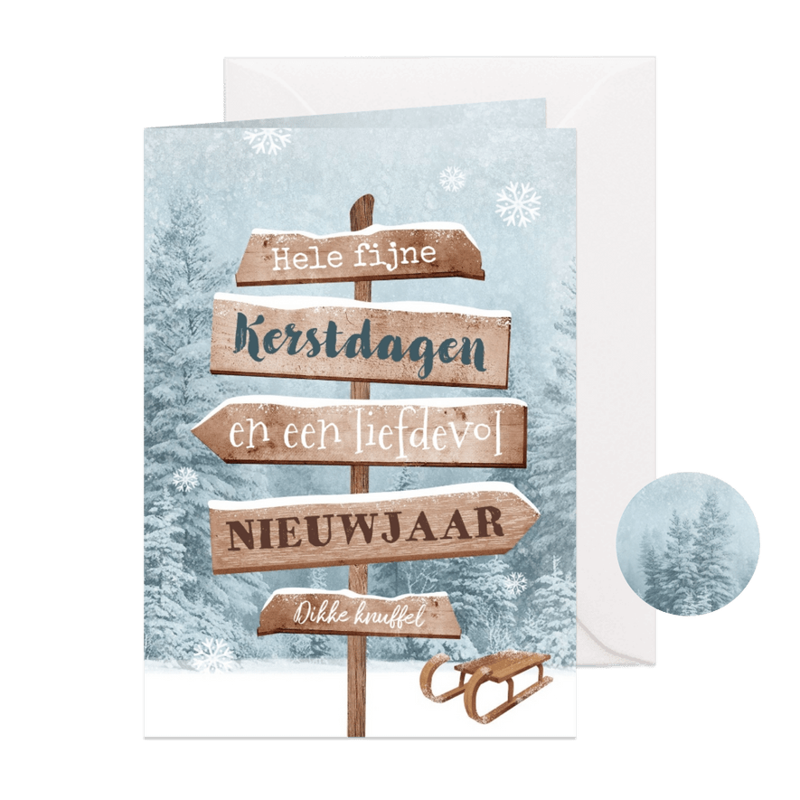 Kerstkaart houten wegwijzers winter landschap sneeuw - Kaartimpressie