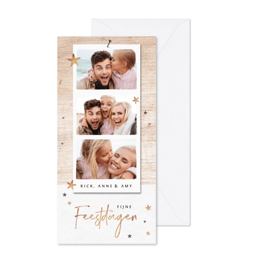 Kerstkaart houtlook fotocollage en sterretjes - Kaartimpressie