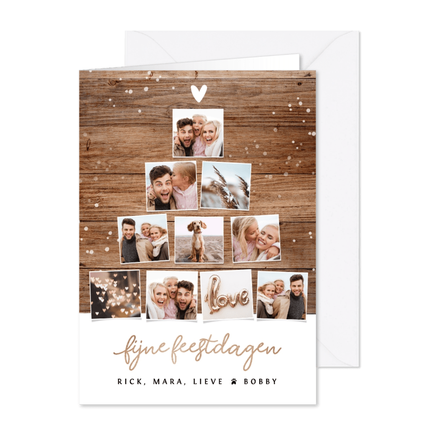 Kerstkaart houtlook fotocollage kerstboom - Kaartimpressie