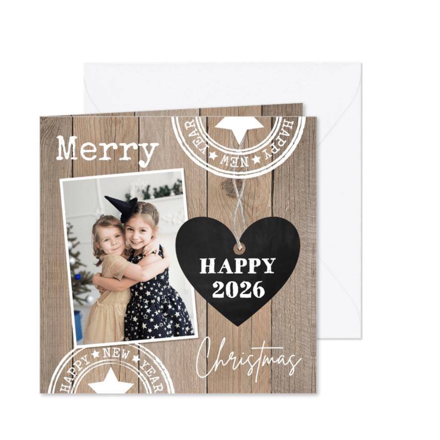 Kerstkaart houtlook hartje foto stempels - Kaartimpressie