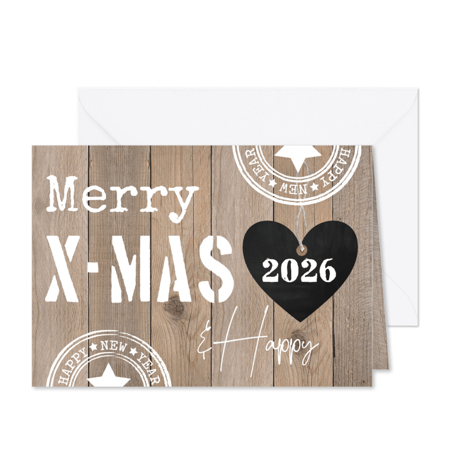 Kerstkaart houtlook hartje typografie 2026 - Kaartimpressie