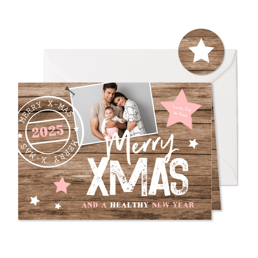 Kerstkaart houtlook stempel sterren foto typografie - Kaartimpressie