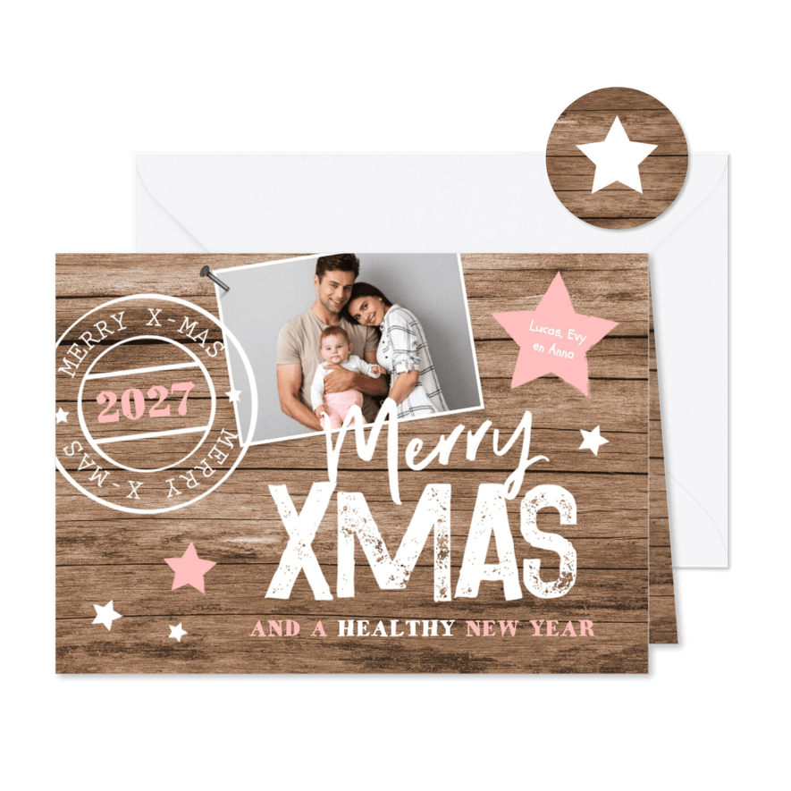 Kerstkaart houtlook stempel sterren foto typografie - Kaartimpressie