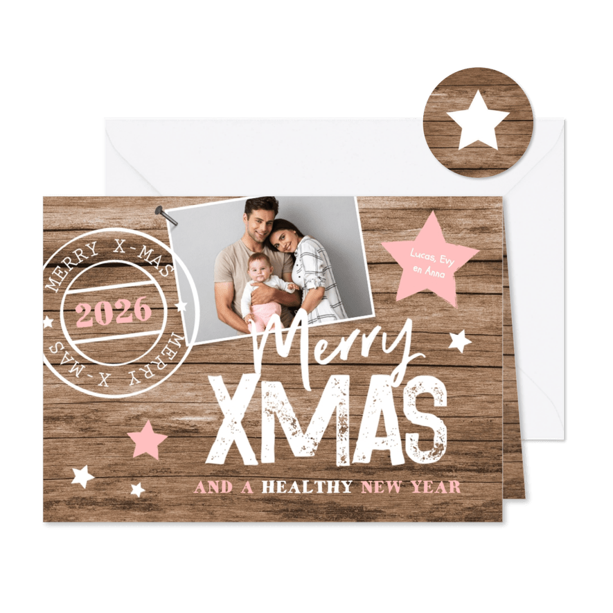 Kerstkaart houtlook stempel sterren foto typografie - Kaartimpressie